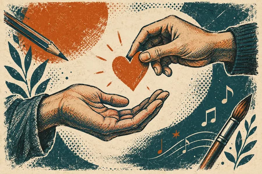 Two hands sharing a heart, illustrated in orange and teal ink